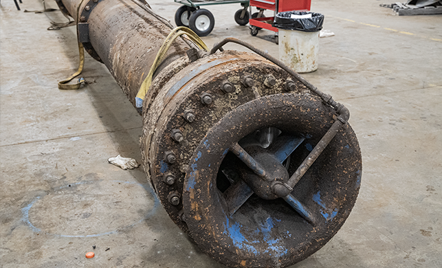 Vertical turbine pump had experienced catastrophic failure where the bell housing nuts has disassembled.