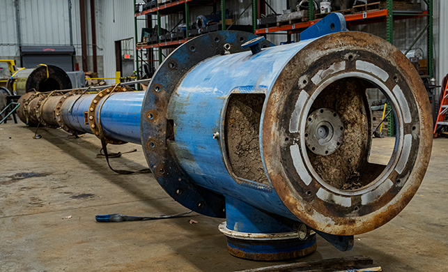 Vertical turbine pump pulled out of a river water application that experienced catastrophic failure.