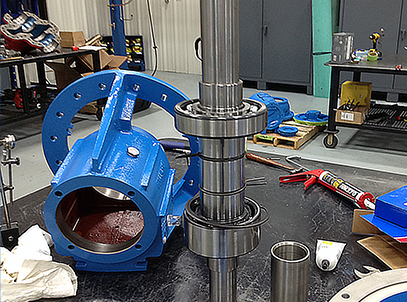The new thrust and radial bearings mounted onto the newly engineered and redesigned shaft.