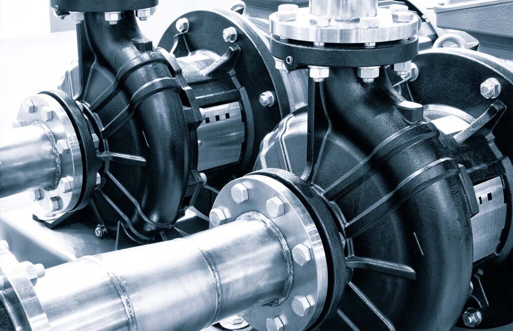 Close-up of high-quality industrial pump products, showcasing a robust inlet connection on an end suction pump