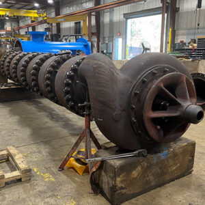 Vertical turbine multi-stage industrial pump undergoing repair at Southeast Pump Specialist, ensuring long-lasting performance.