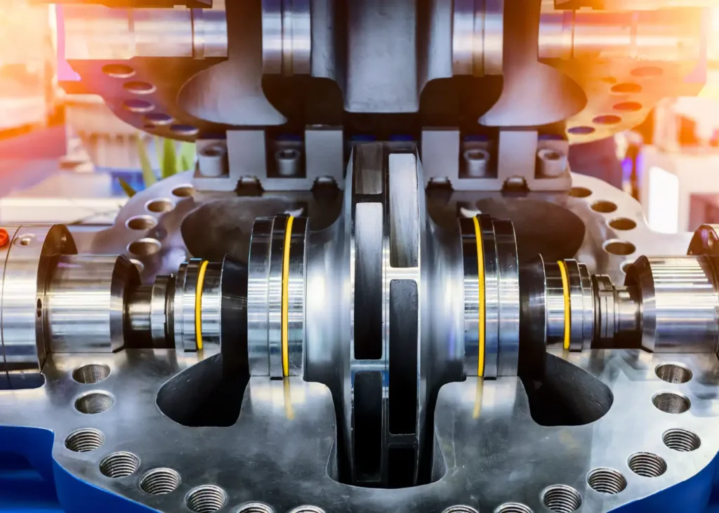 Close-up of an open split case centrifugal pump showing impeller and shaft assembly for industrial fluid handling systems.
